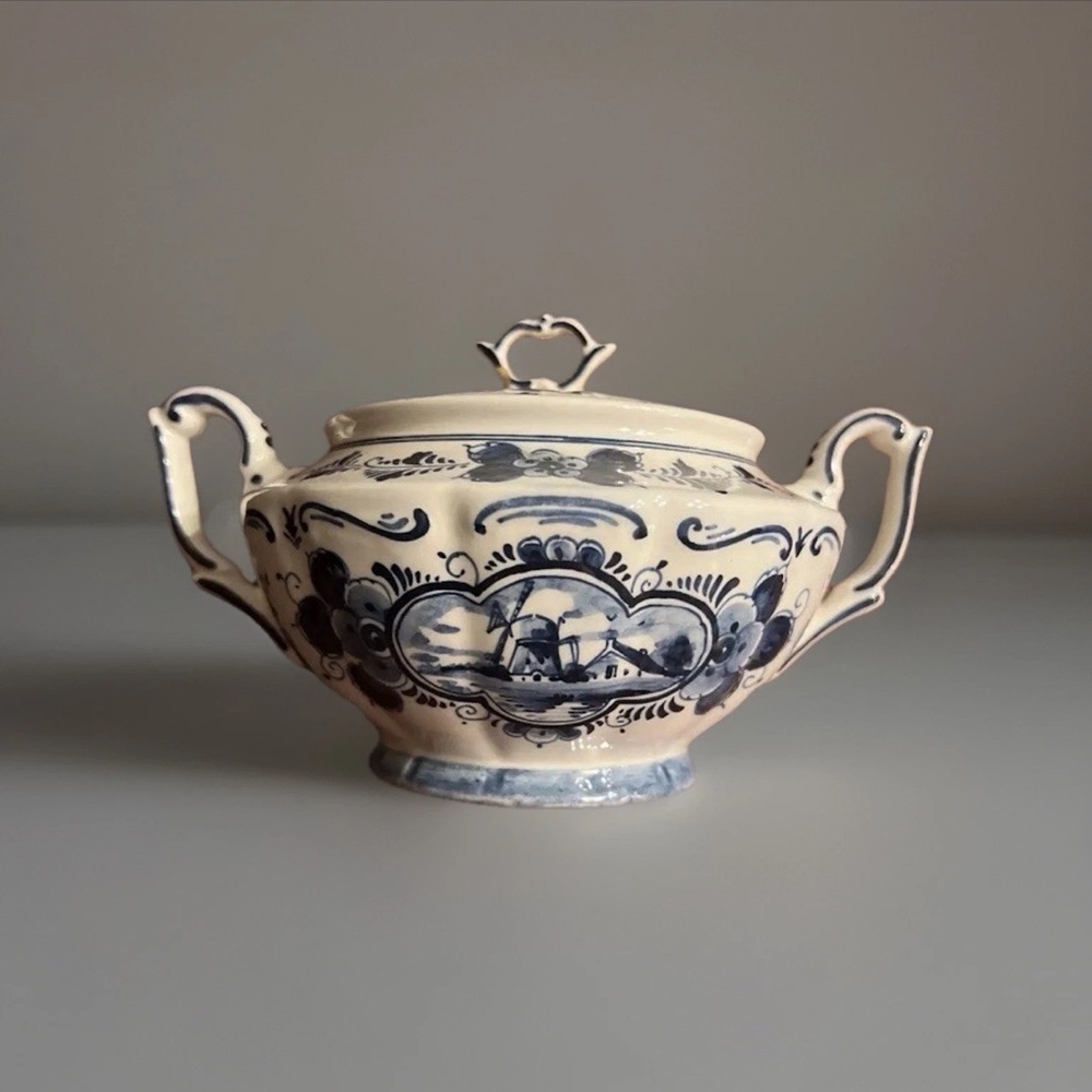 Vintage Hand Painted Delft Blue Large Covered Sugar Bowl, Signed